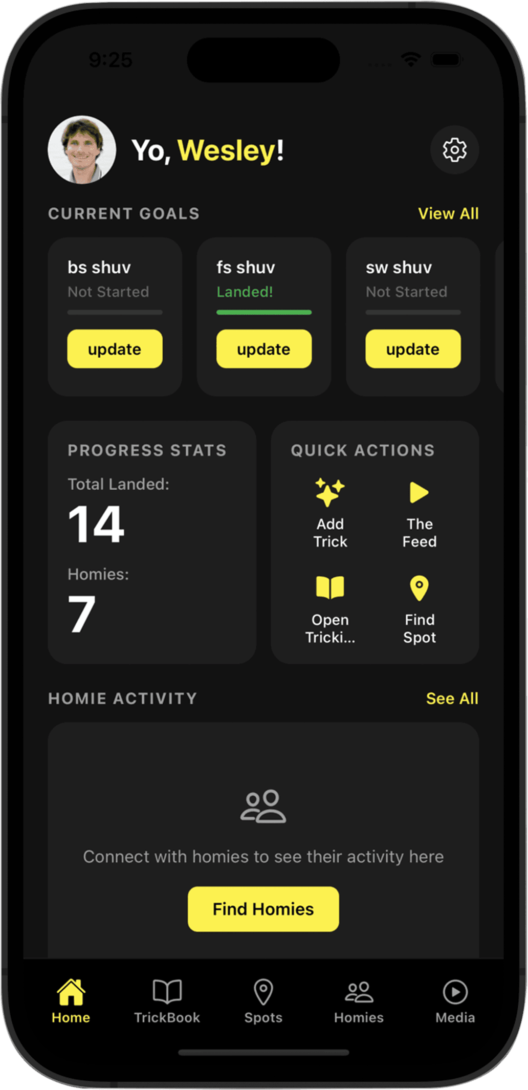 TrickBook mobile app dashboard showing goals, progress, quick actions, and community activity